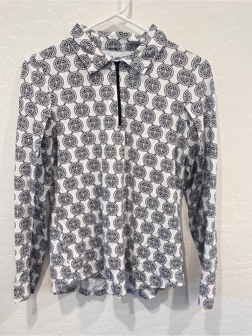 IBKUL Long-Sleeve 1/4 Zip Womens Small White Black Circular Print Golf Tennis